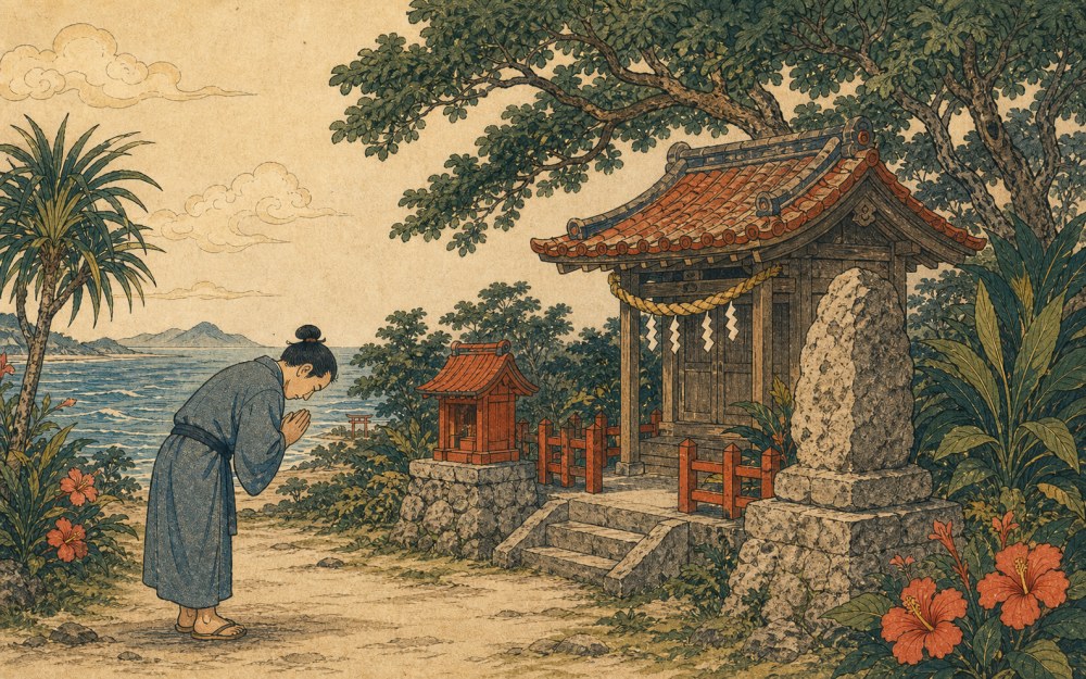 沖宮で祈りとして空手を伝える挿絵